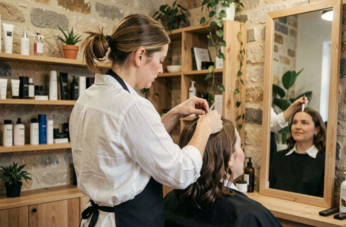 Coiffeuse professionnelle en Vendée coupant les cheveux d'une cliente dans un salon moderne au décor en pierre apparente