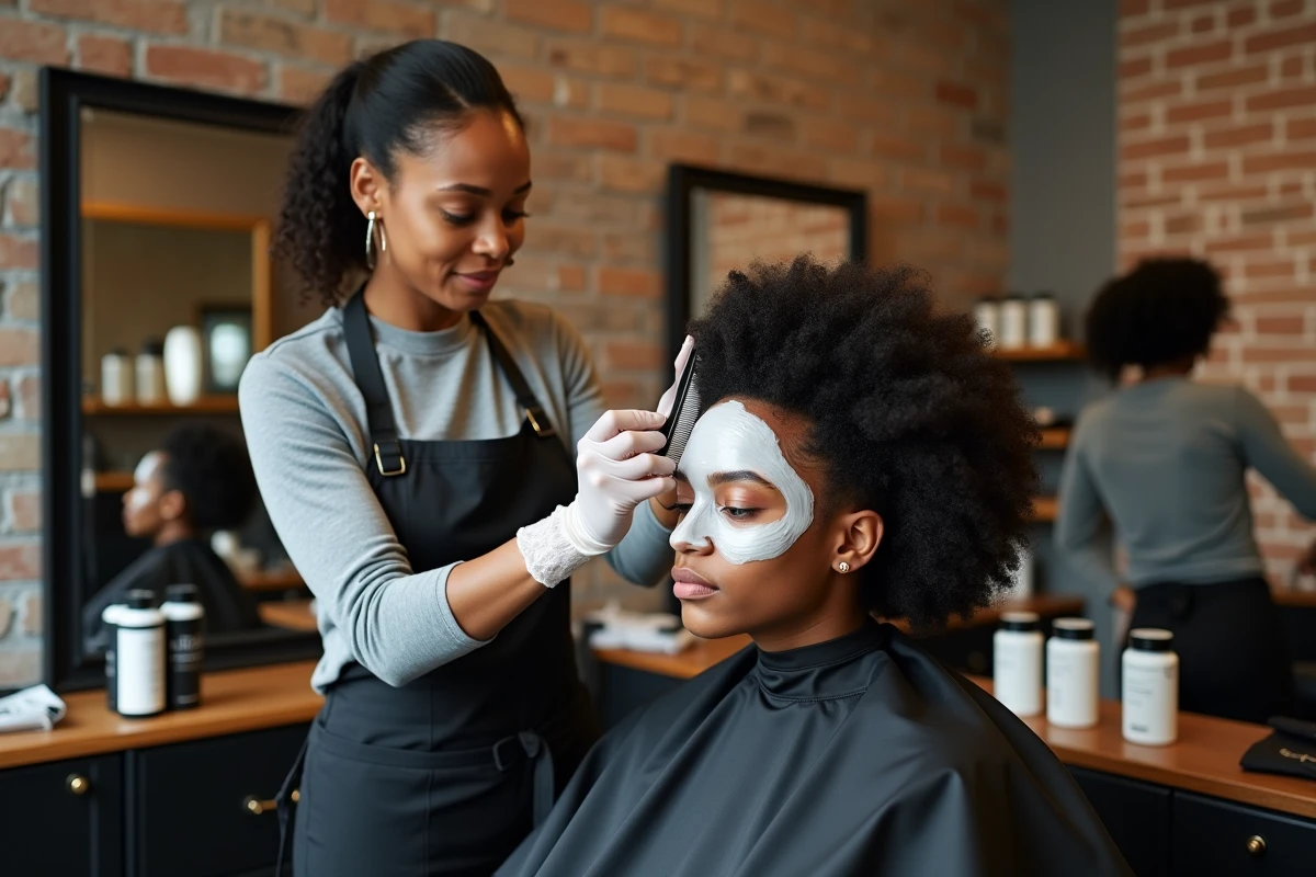 Coiffeuse professionnelle appliquant un masque capillaire sur des cheveux bouclés en salon