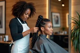 Coiffeuse professionnelle réalisant des tresses afro sur une cliente dans un salon moderne