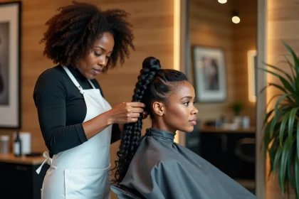 Coiffeuse professionnelle réalisant des tresses afro sur une cliente dans un salon moderne