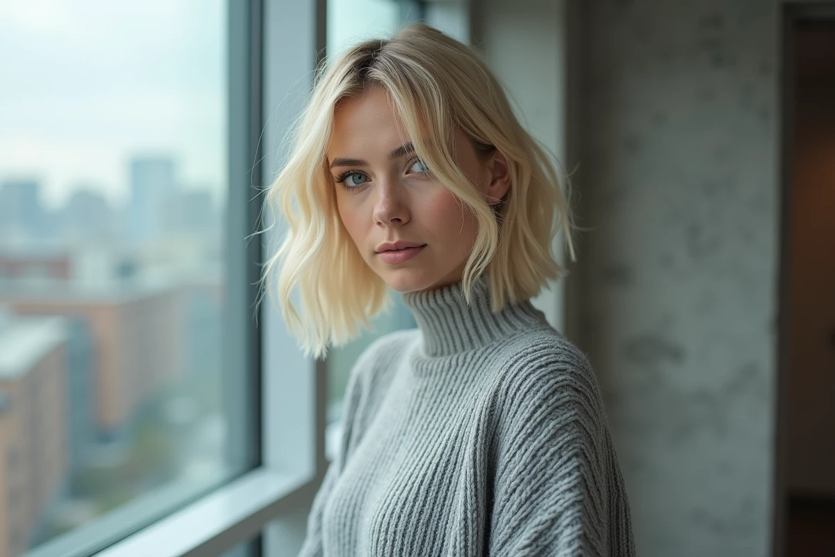 Jeune femme blonde aux cheveux fins coupés en bob texturé et effilé, devant une fenêtre panoramique dans un appartement urbain moderne