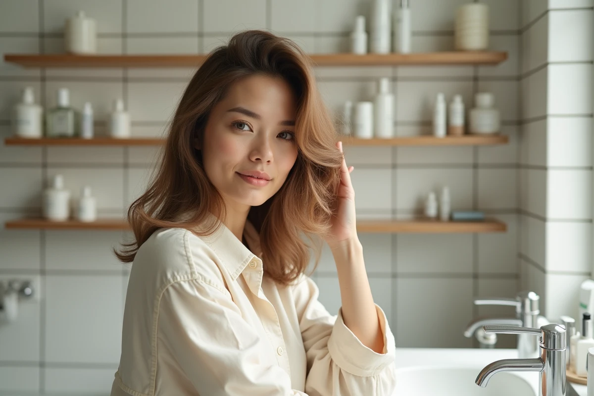 Femme aux cheveux fins et châtains coiffés en brushing volumineux avec des couches, dans une salle de bain minimaliste scandinave