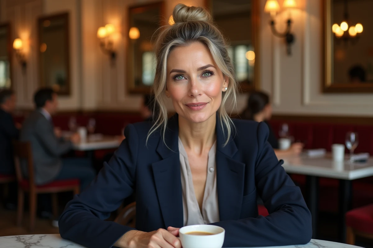 Femme élégante dans la quarantaine avec cheveux fins poivre et sel coiffés en chignon lâche, dans une brasserie parisienne vintage
