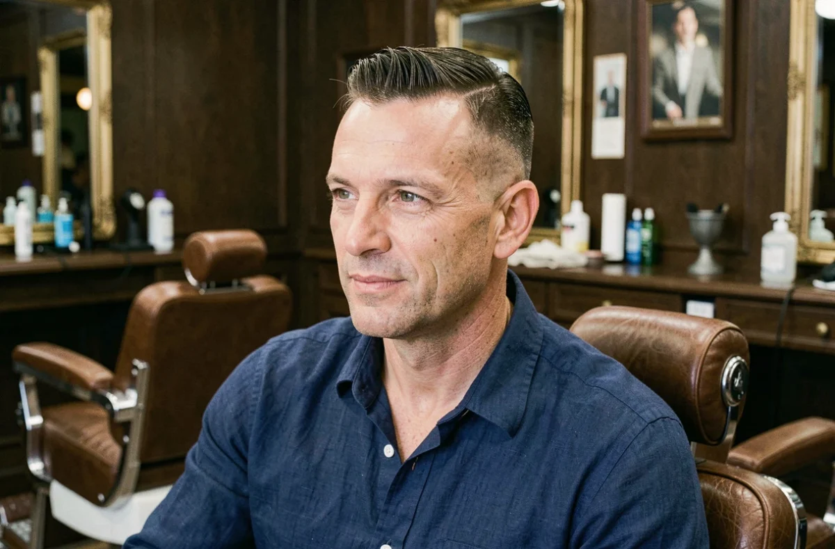 Homme dans la quarantaine avec des cheveux clairsemés sur le dessus coiffés en crop texturé court dans un salon de coiffure moderne