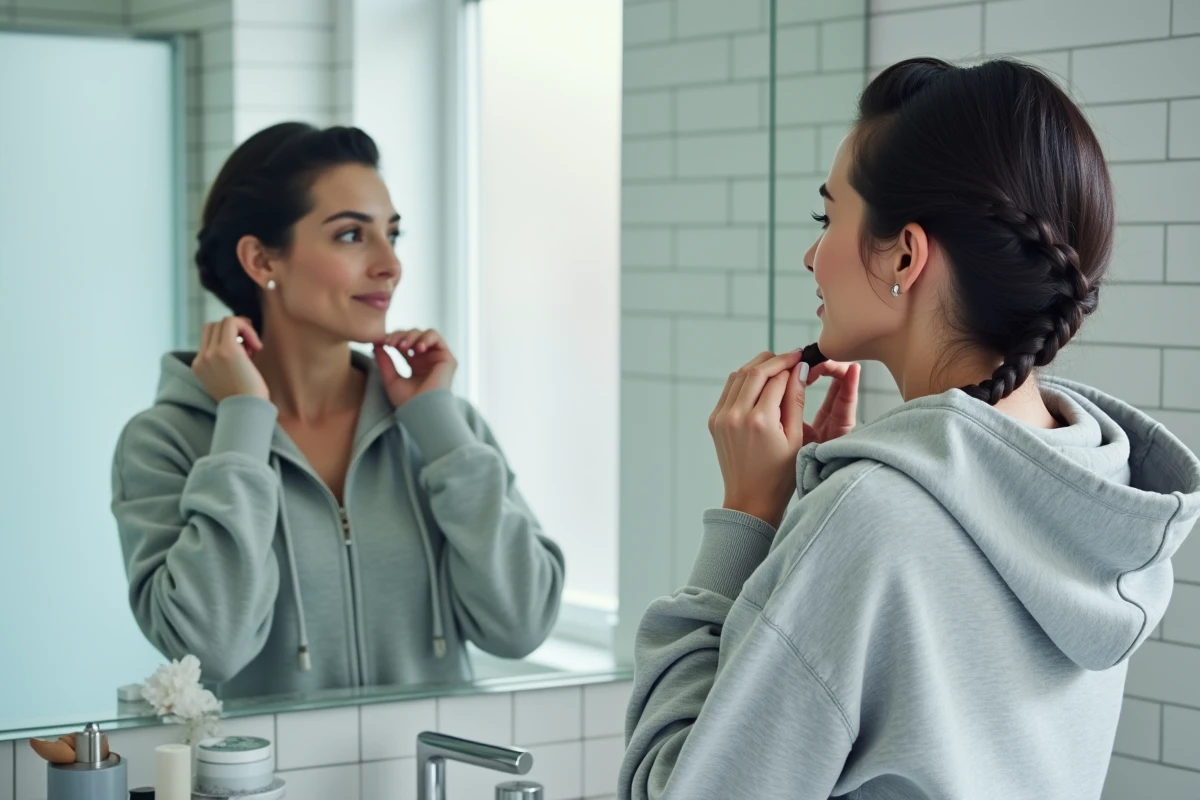Femme aux cheveux courts coiffant une tresse collée dans une salle de bain moderne