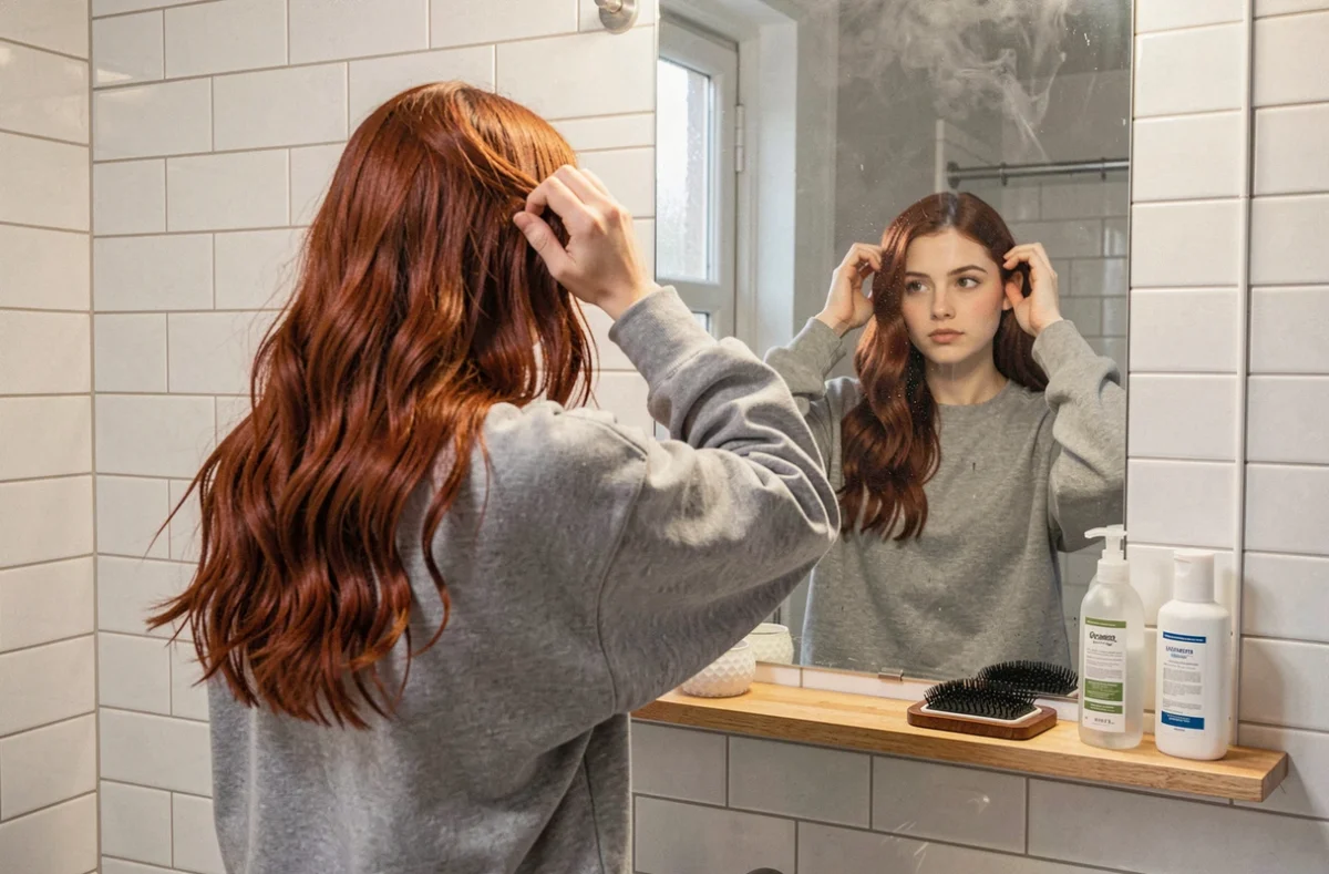 Jeune femme coiffant ses cheveux auburn nouvellement colorés devant le miroir de sa salle de bain