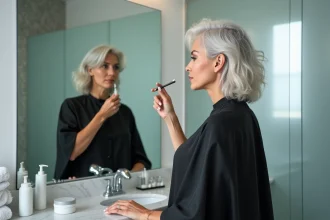 Femme appliquant une coloration racine sur cheveux blancs devant un miroir de salle de bain