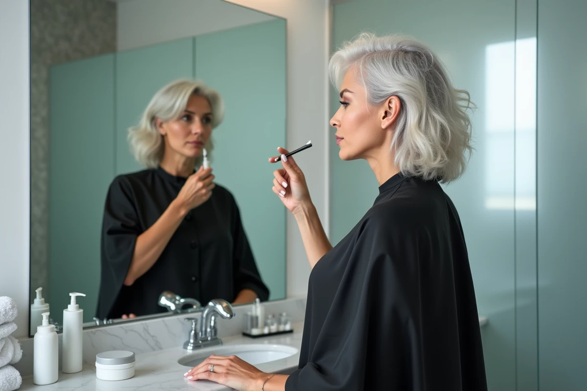 Femme appliquant une coloration racine sur cheveux blancs devant un miroir de salle de bain