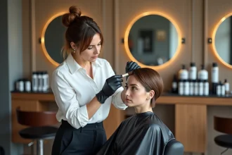 Coiffeuse professionnelle appliquant une correction de couleur