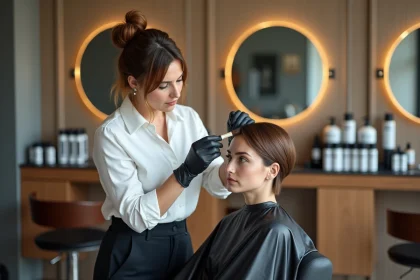 Coiffeuse professionnelle appliquant une correction de couleur
