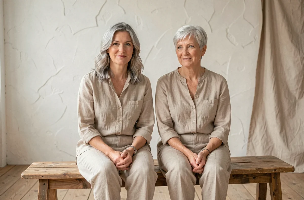 Deux femmes côte à côte en studio montrant deux stades différents de transition blended grey, comparaison avant-après naturelle des cheveux gris