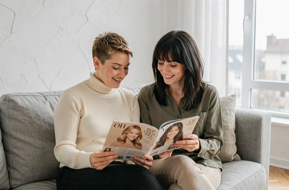 Comparaison coupe courte et coupe loup 2026 sur deux femmes assises dans un appartement minimaliste