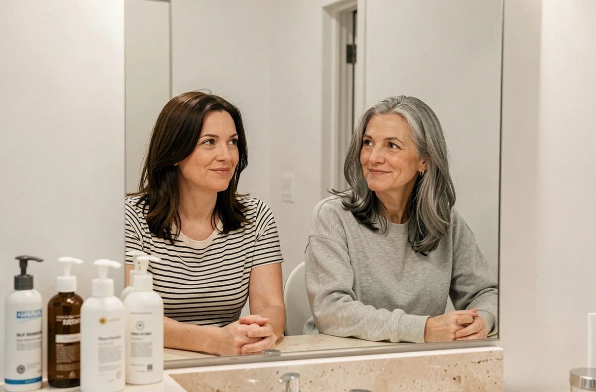Deux femmes comparant leur grey blending sur base naturelle et colorée devant un miroir de salle de bain moderne