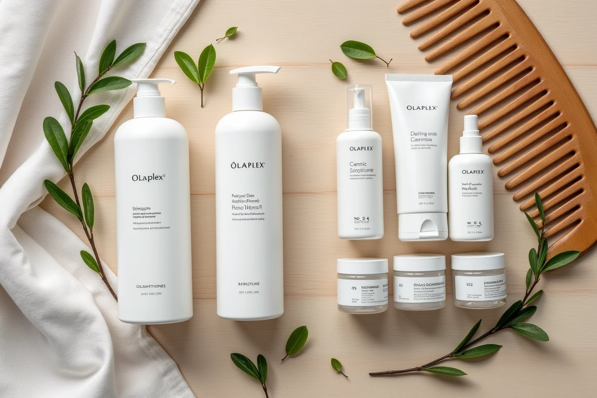 Comparaison flat lay entre produits Olaplex et soins capillaires classiques pour cheveux bouclés