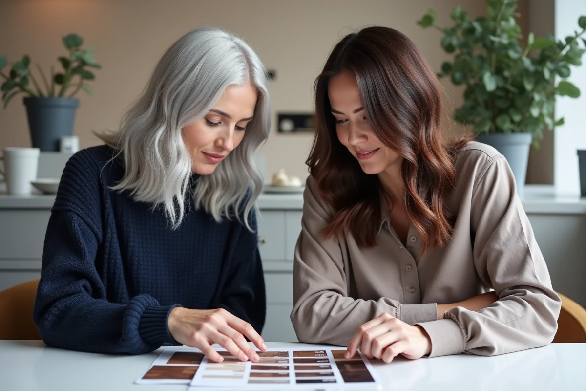 Deux femmes comparant les résultats d'une patine et d'une coloration permanente lors d'une consultation en salon