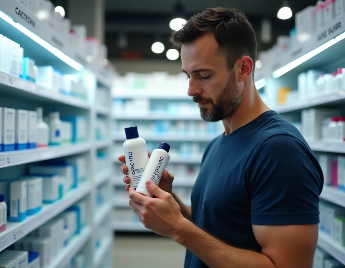 Homme comparant des produits de soin anti-acné en pharmacie avant d'acheter Eau Précieuse