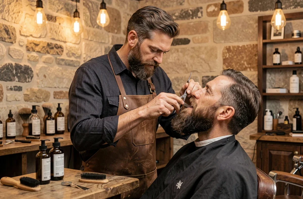 Barbier taillant une barbe complète dans l'ambiance rustique du Comptoir du Barbu à Périgueux