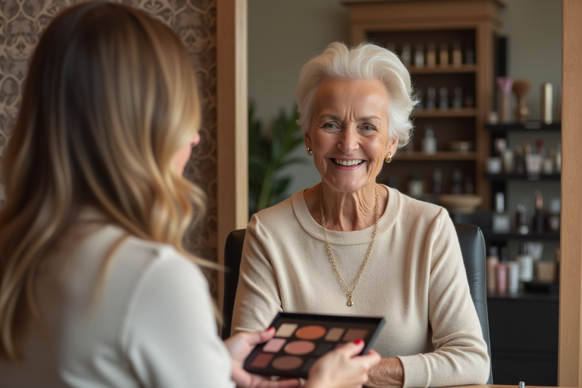Femme senior recevant une consultation maquillage dans un studio de beauté