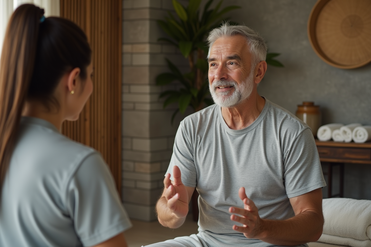 Homme écoutant un praticien kobido dans un studio