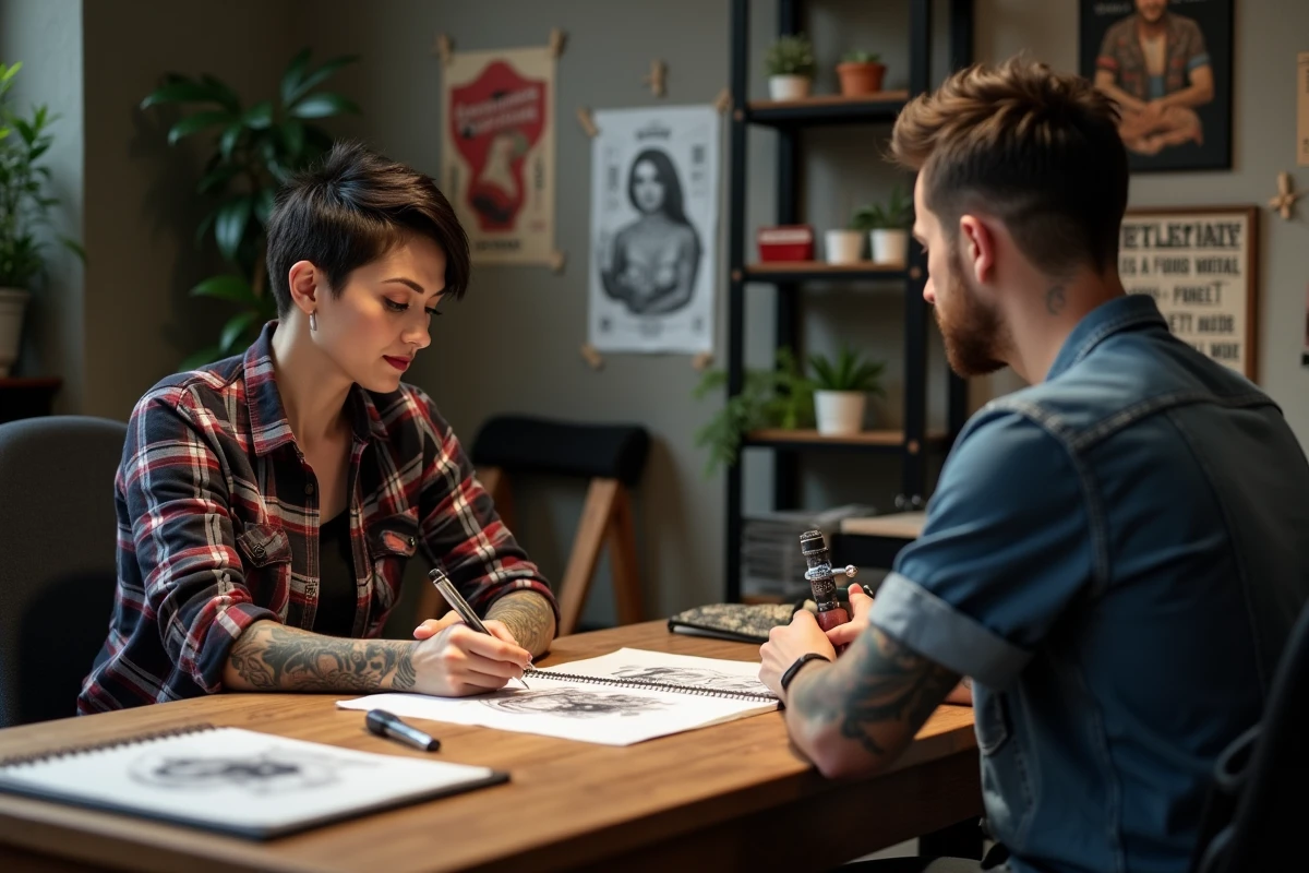 Consultation entre une tatoueuse et un client à Toulouse pour planifier un tatouage de rattrapage cover-up