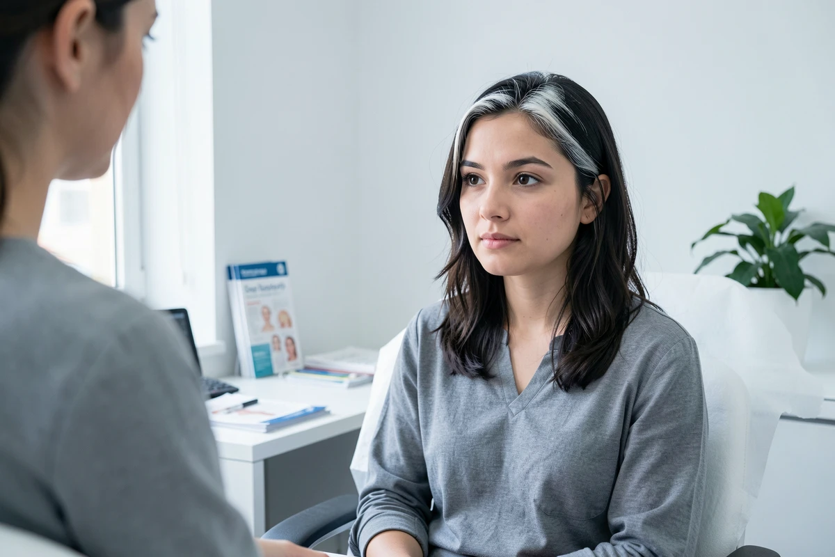 Jeune femme aux cheveux blancs prématurés en consultation médicale chez un trichologue