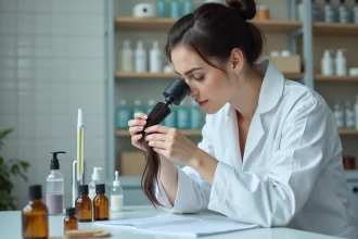 Cosmetologue examinant une mèche de cheveux en laboratoire avec des produits capillaires Olaplex en arrière-plan
