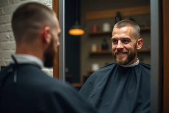 Homme avec des golfes dégarnis et une coupe buzz cut fraîche assis dans un fauteuil de barbier moderne
