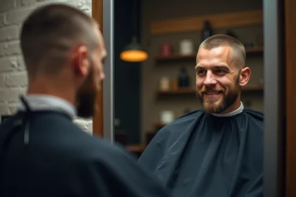Homme avec des golfes dégarnis et une coupe buzz cut fraîche assis dans un fauteuil de barbier moderne