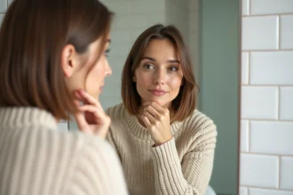 Femme au visage rond examinant sa coupe de cheveux courte dans un miroir de salle de bain moderne