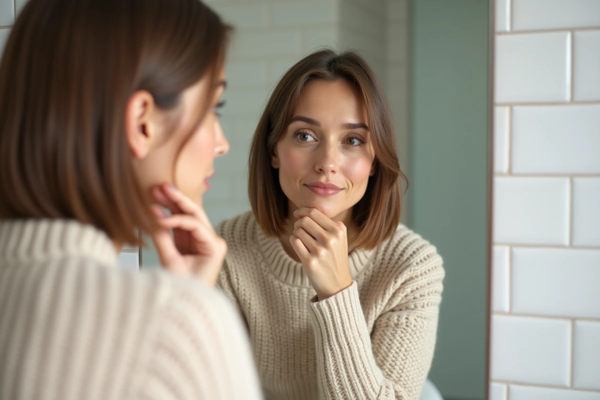 Femme au visage rond examinant sa coupe de cheveux courte dans un miroir de salle de bain moderne