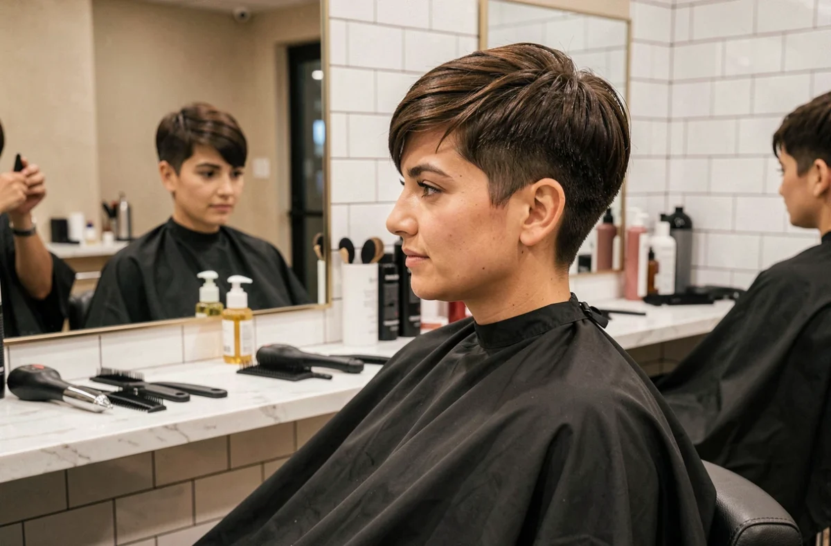 Femme aux cheveux épais et volumineux coiffée d'une coupe courte pixie structurée dans un salon de coiffure moderne, vue de trois quarts