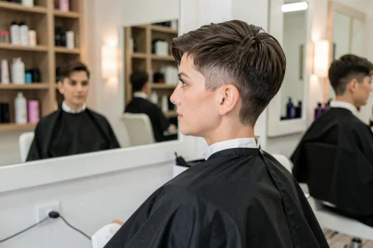 Femme avec une coupe courte pixie cut 2026 assise dans un salon de coiffure parisien moderne