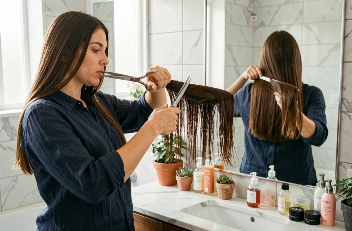 Jeune femme se coupant les cheveux seule devant un miroir avec des ciseaux professionnels pour une coupe Cuenta