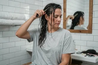 Femme réalisant une coupe Cuenta maison dans sa salle de bain avec un peigne à dents larges sur cheveux mouillés