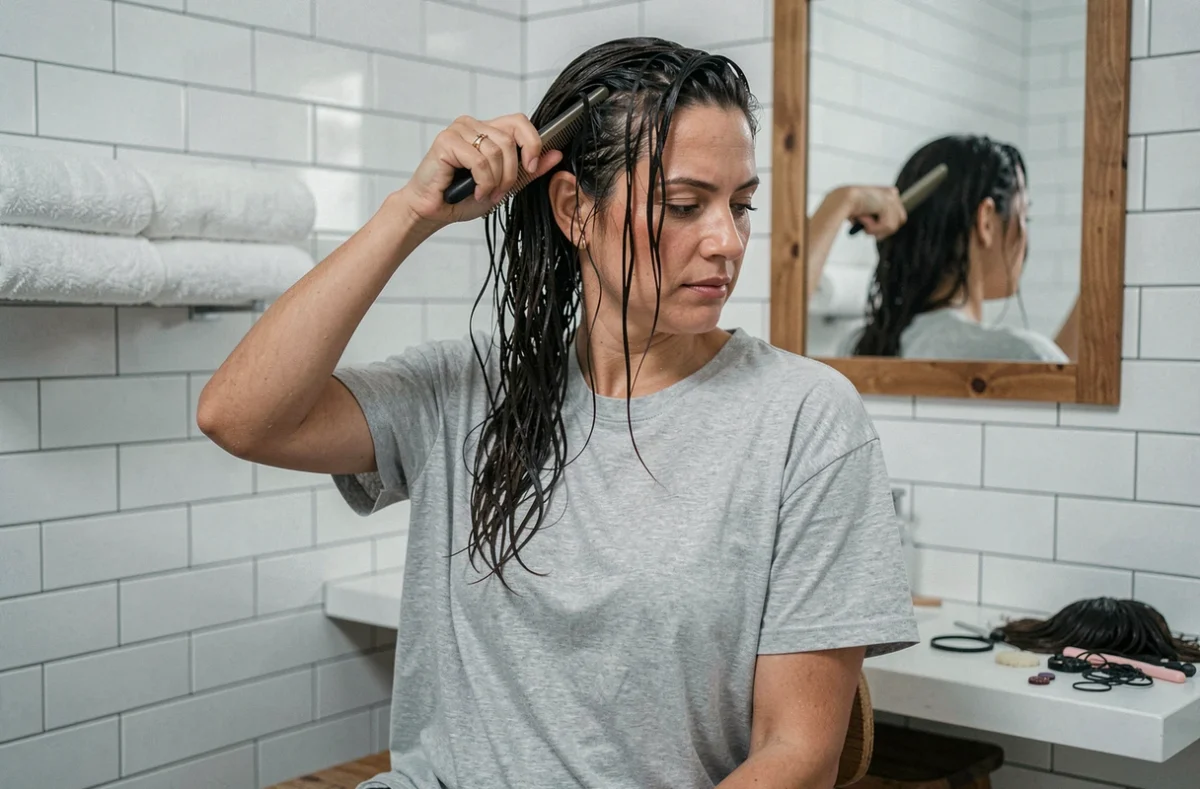 Femme réalisant une coupe Cuenta maison dans sa salle de bain avec un peigne à dents larges sur cheveux mouillés