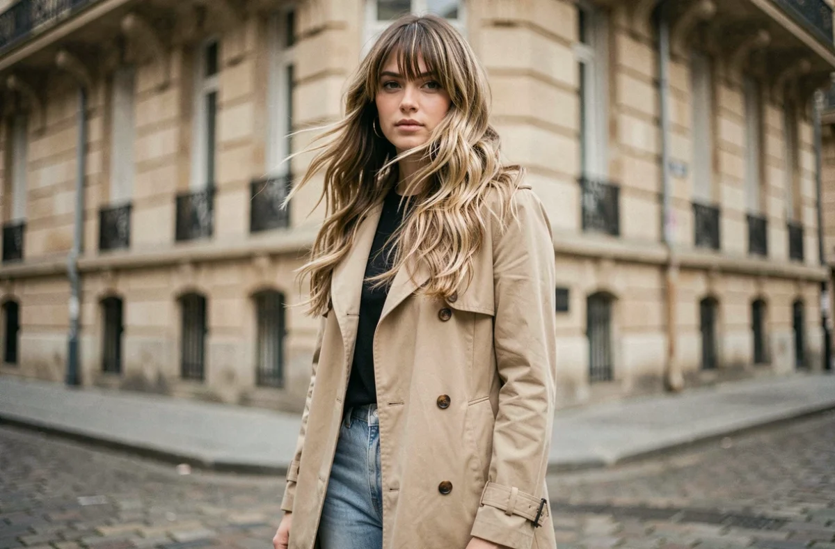 Femme arborant une coupe loup wolf cut 2026 dans une rue pavée parisienne avec manteau beige