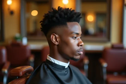 Jeune homme afro avec une coupe taper fade nette assis dans un fauteuil de barbier professionnel