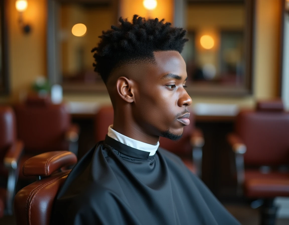 Jeune homme afro avec une coupe taper fade nette assis dans un fauteuil de barbier professionnel