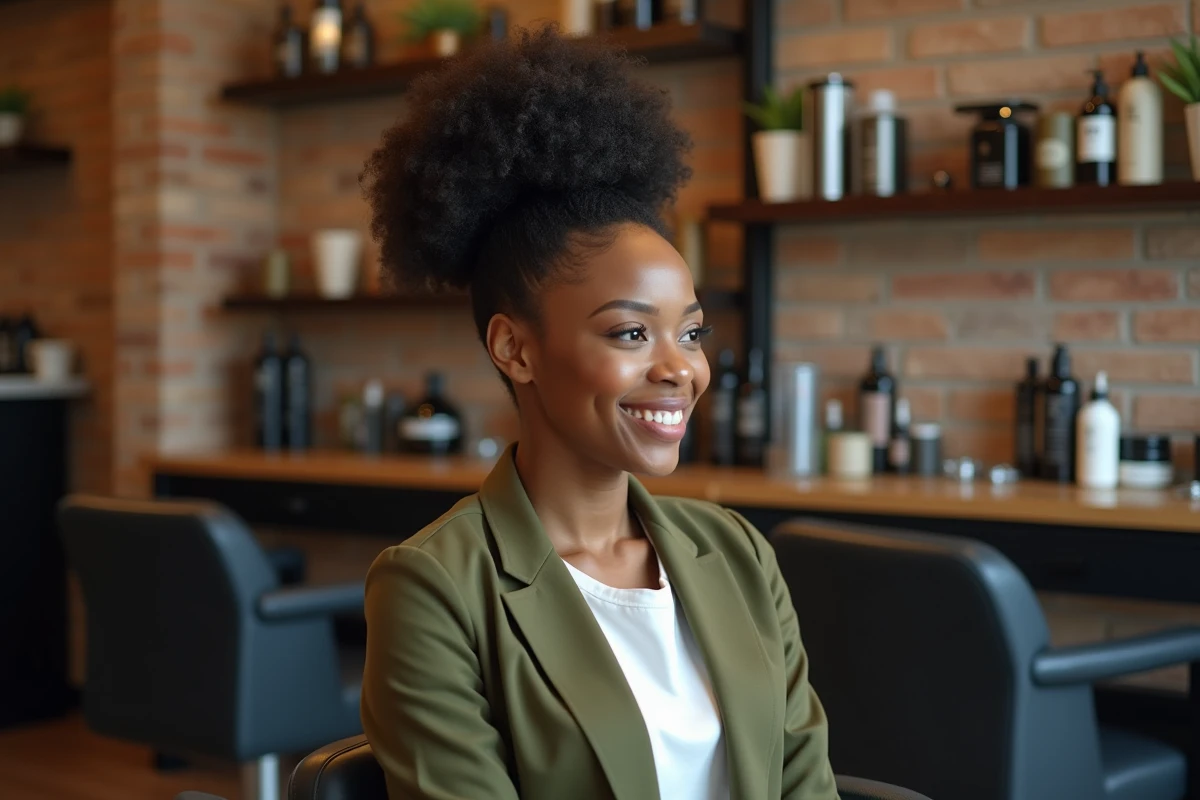 Femme noire au visage rond avec un chignon haut dans un salon de coiffure contemporain