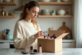 Jeune femme déballant une commande Primor livrée en France avec des produits de maquillage pas cher sur un comptoir de cuisine