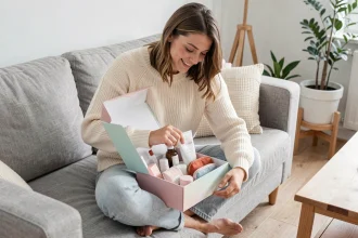 Jeune femme ouvrant sa box beauté mensuelle sur son canapé, découvrant des produits cosmétiques et soins dans un emballage pastel
