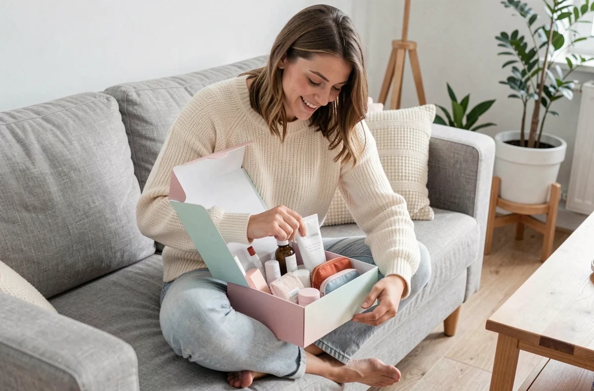 Jeune femme ouvrant sa box beauté mensuelle sur son canapé, découvrant des produits cosmétiques et soins dans un emballage pastel