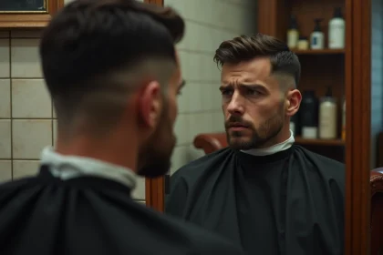 Homme en cape de coiffeur examinant un dégradé blanc raté dans le miroir d'un salon de barbier