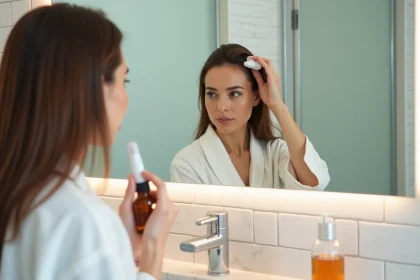 Femme utilisant un dermaroller sur le cuir chevelu avec un flacon de minoxidil posé sur le comptoir de salle de bain