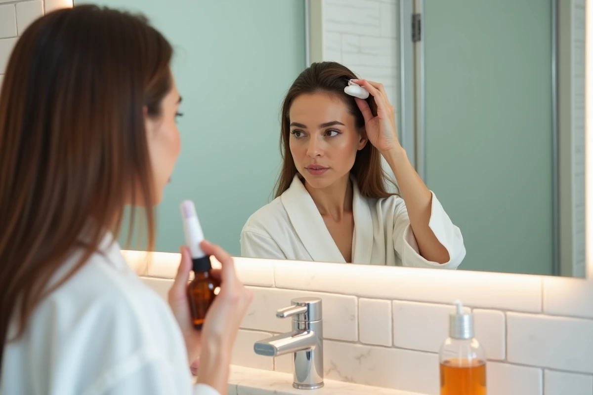Femme utilisant un dermaroller sur le cuir chevelu avec un flacon de minoxidil posé sur le comptoir de salle de bain