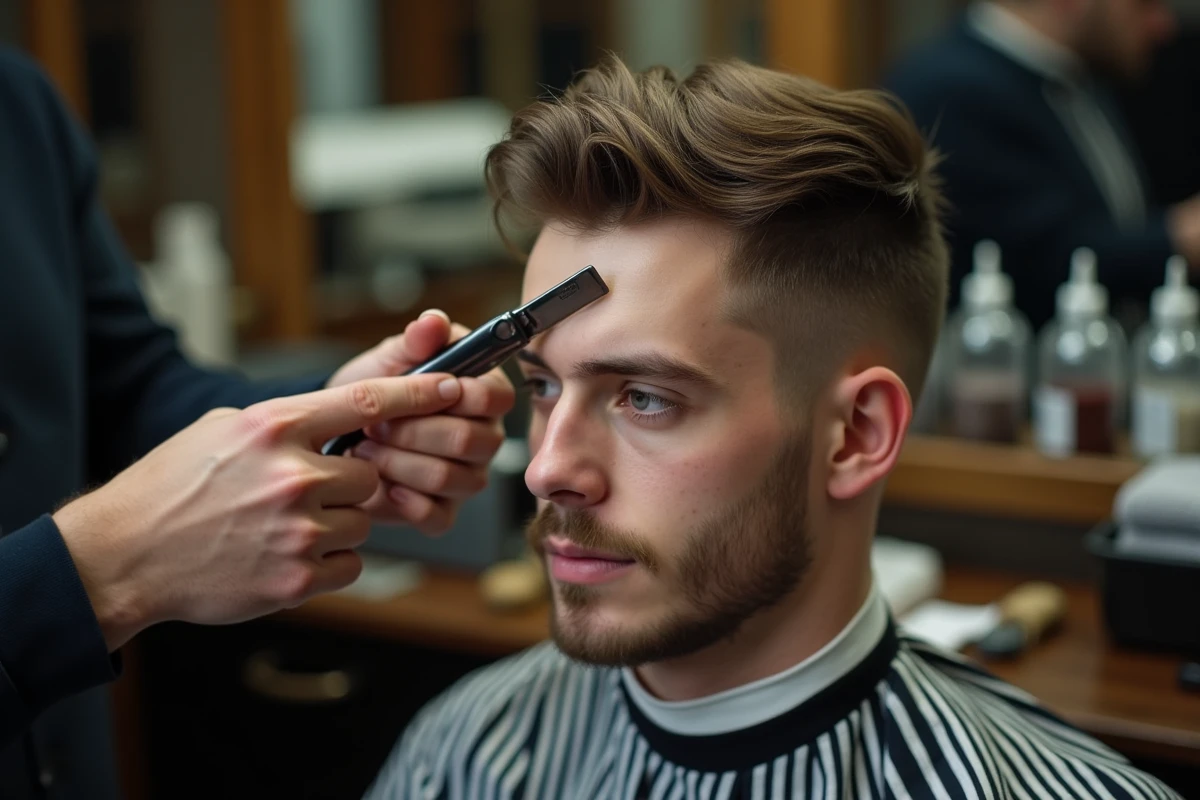 Gros plan sur la technique du barbier rasant la nuque d'un étudiant dans un salon de coiffure à Lille