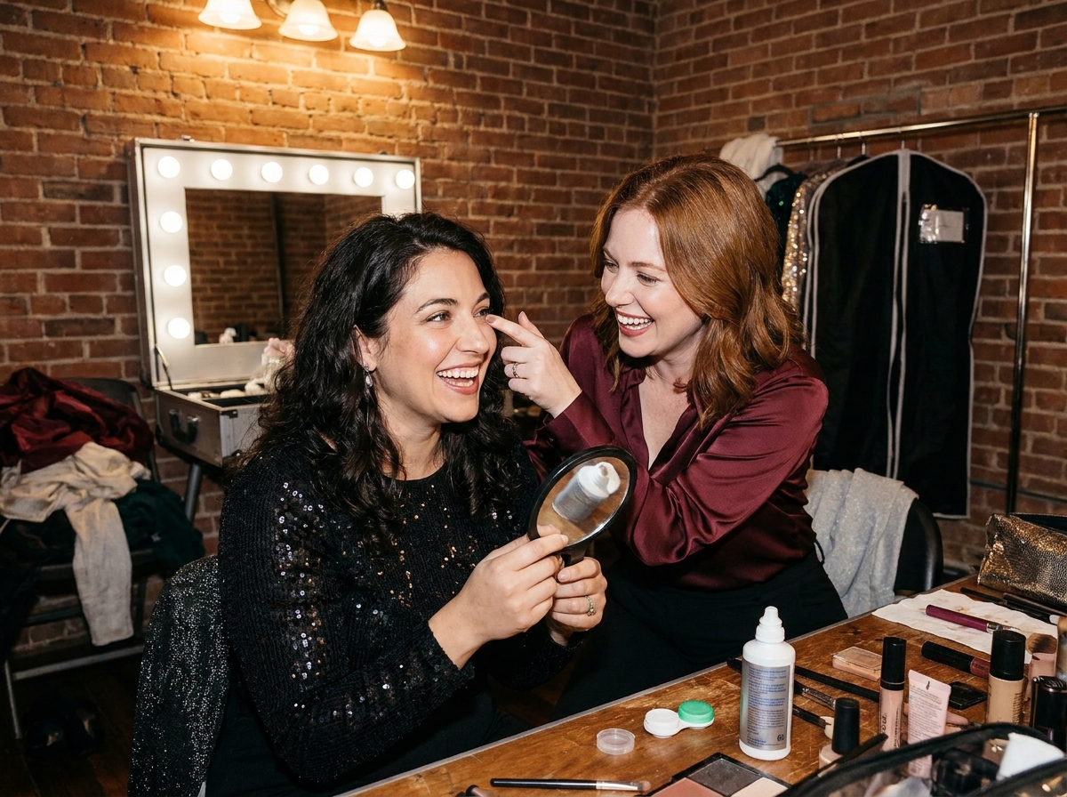 Deux femmes portant des lentilles de contact vérifiant le mascara ensemble avant une fête, routine beauté des fêtes sans irritation oculaire