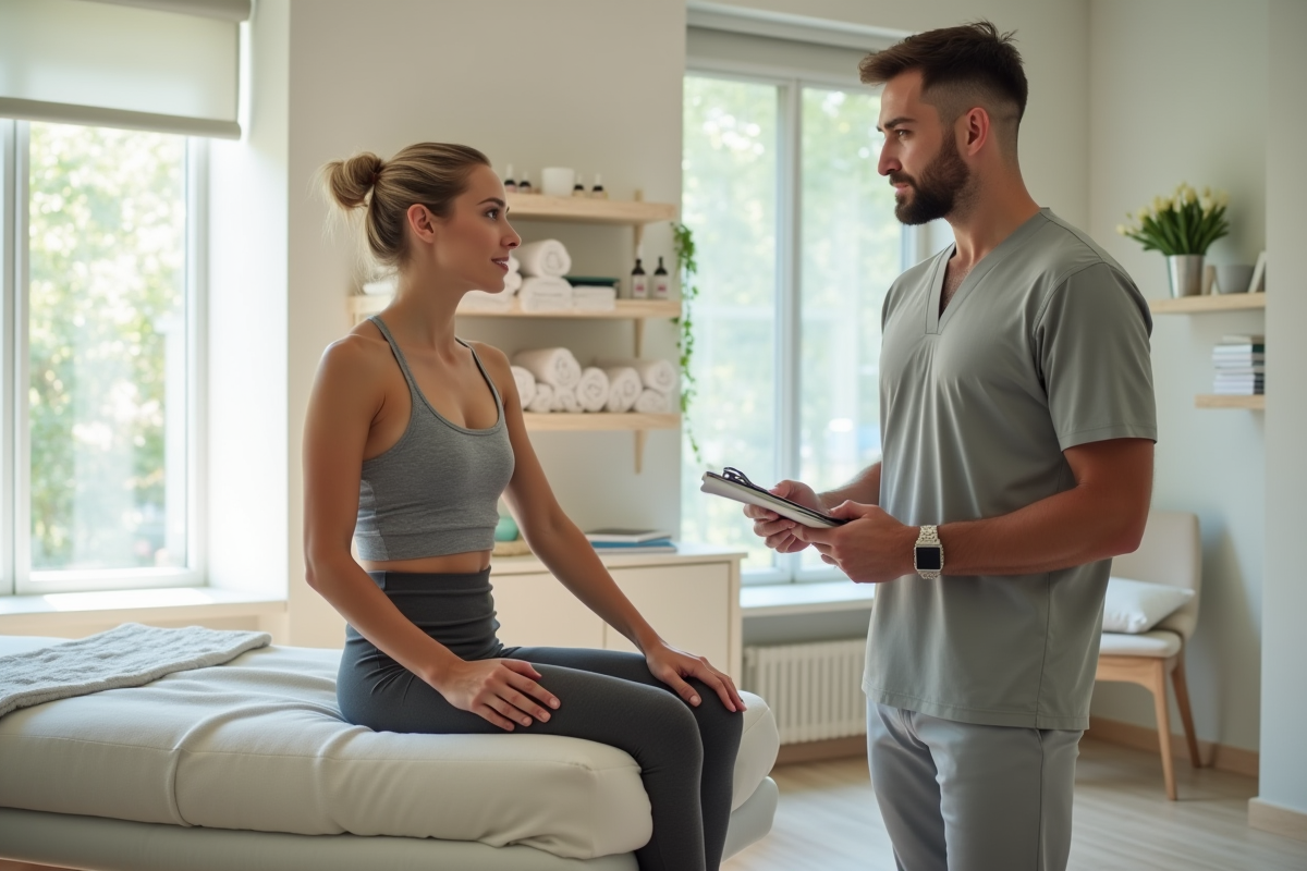 Femme discutant avec un thérapeute dans un spa lumineux