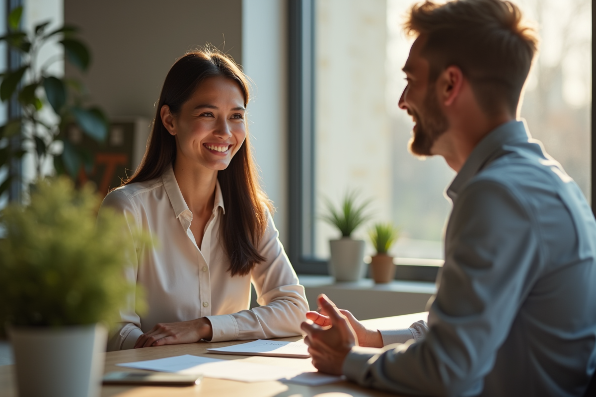 Collègues se complimentant dans un bureau lumineux