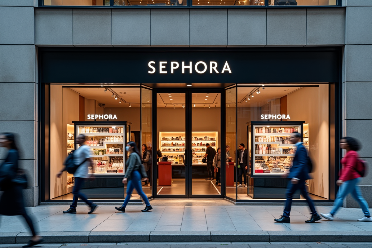 Entrée d une boutique de beauté moderne sur une rue animée